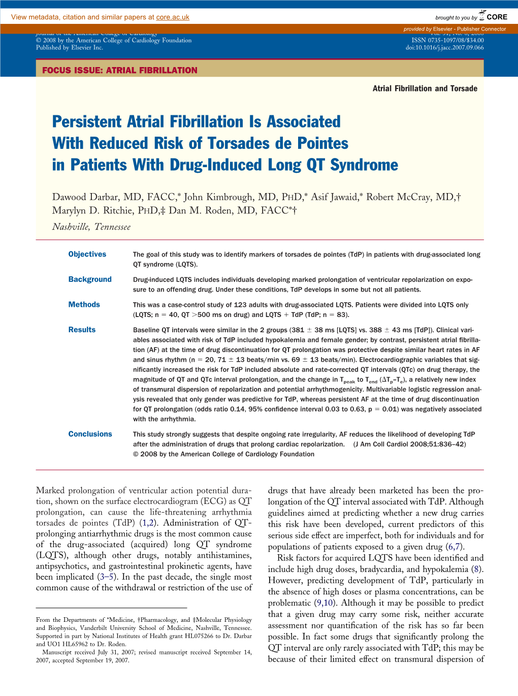 Persistent Atrial Fibrillation Is Associated with Reduced Risk of Torsades De Pointes in Patients with Drug-Induced Long QT Syndrome
