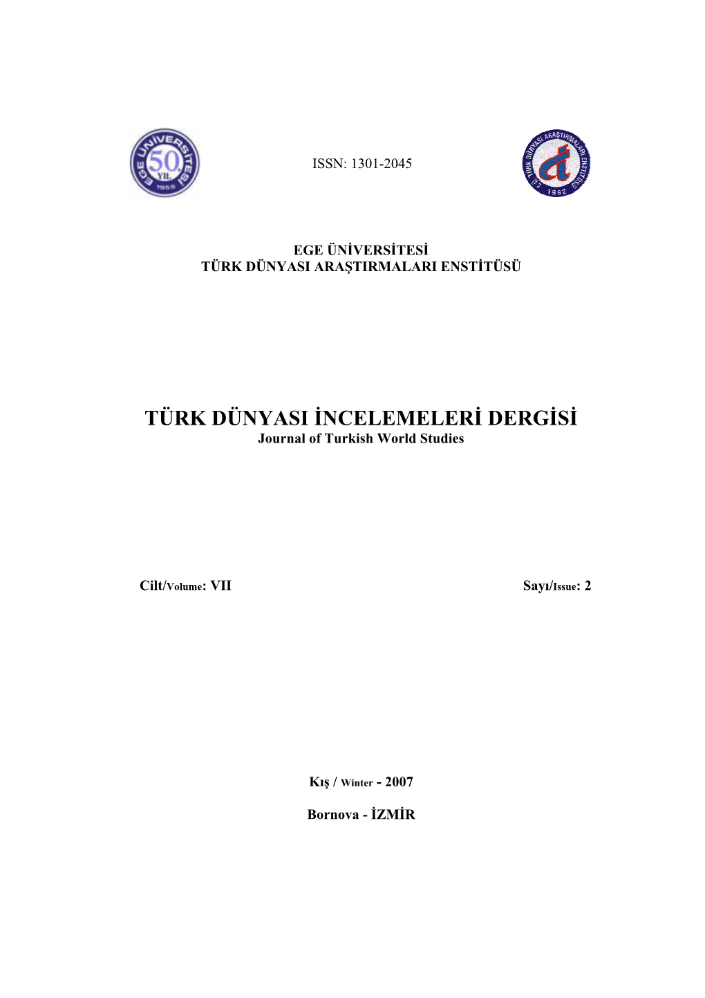 TÜRK DÜNYASI İNCELEMELERİ DERGİSİ Journal of Turkish World Studies