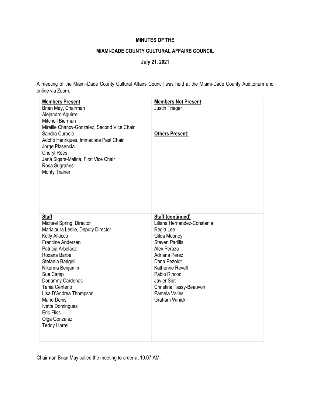 MINUTES of the MIAMI-DADE COUNTY CULTURAL AFFAIRS COUNCIL July 21, 2021