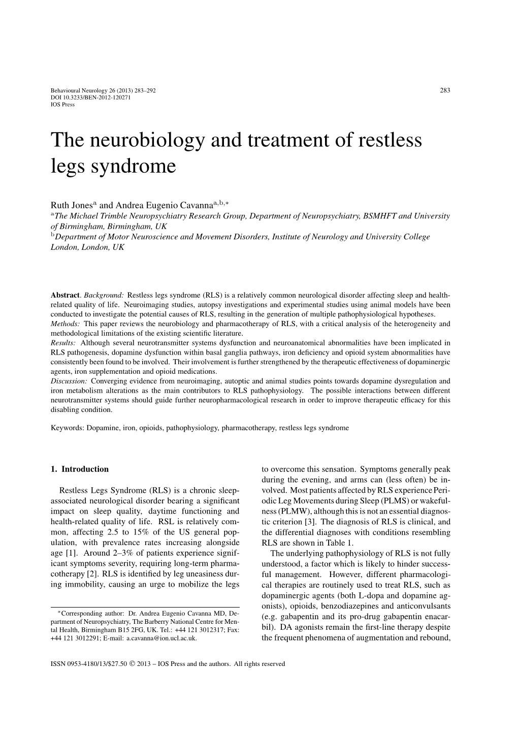 The Neurobiology and Treatment of Restless Legs Syndrome