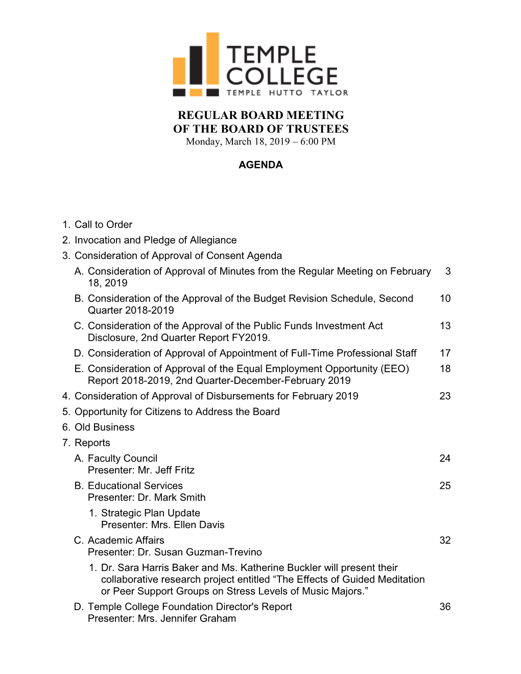 REGULAR BOARD MEETING of the BOARD of TRUSTEES Monday, March 18, 2019 – 6:00 PM