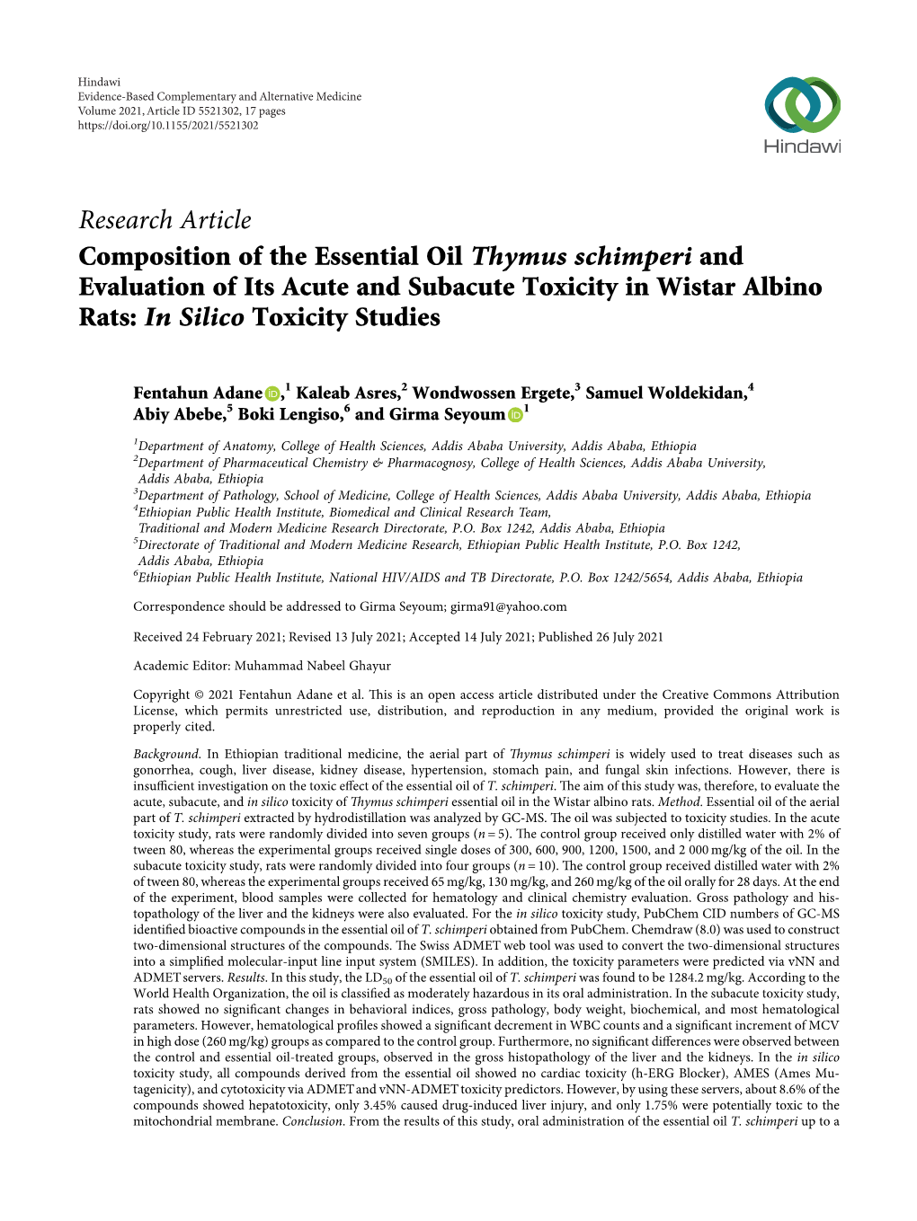 Composition of the Essential Oil Thymus Schimperi and Evaluation of Its Acute and Subacute Toxicity in Wistar Albino Rats: in Silico Toxicity Studies