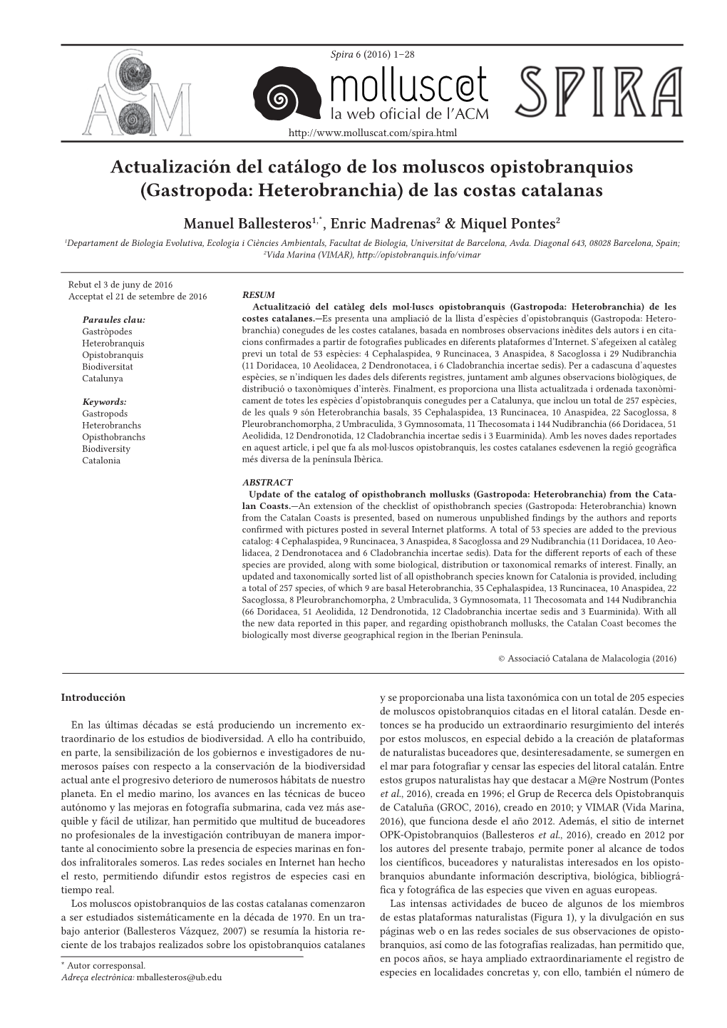 Actualización Del Catálogo De Los Moluscos Opistobranquios