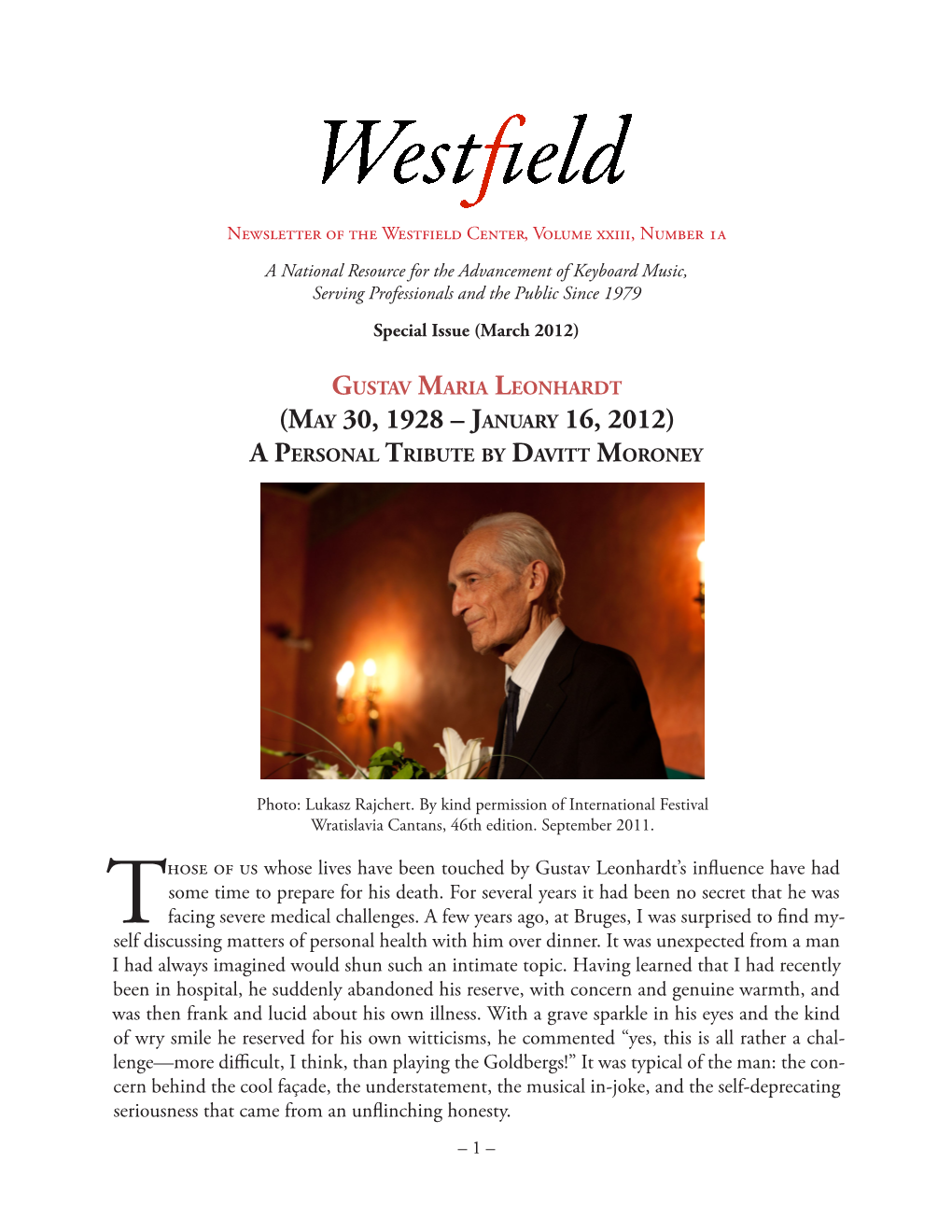 Westfield Newsletter, Vol. XXIII, No. 1A, Gustav Leonhardt Special Issue