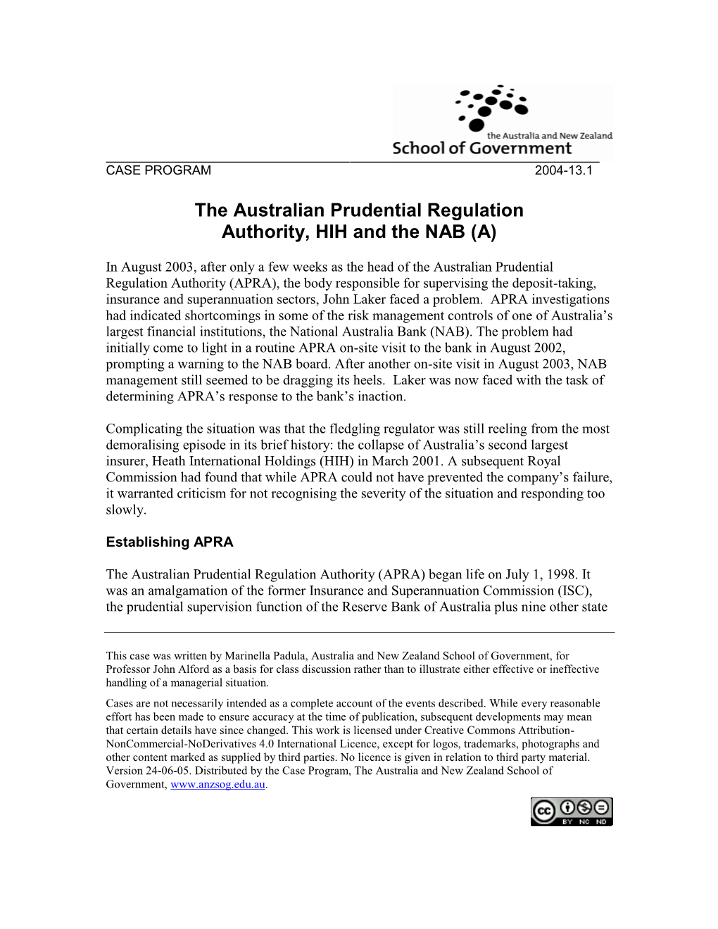 The Australian Prudential Regulation Authority, HIH and the NAB (A)