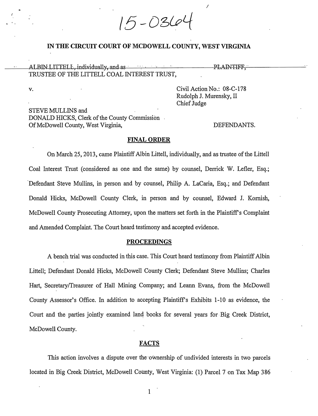 Lower Court Order, Albin Littell V. Steve Mullins and Mcdowell Co. Commission, No. 15-0364