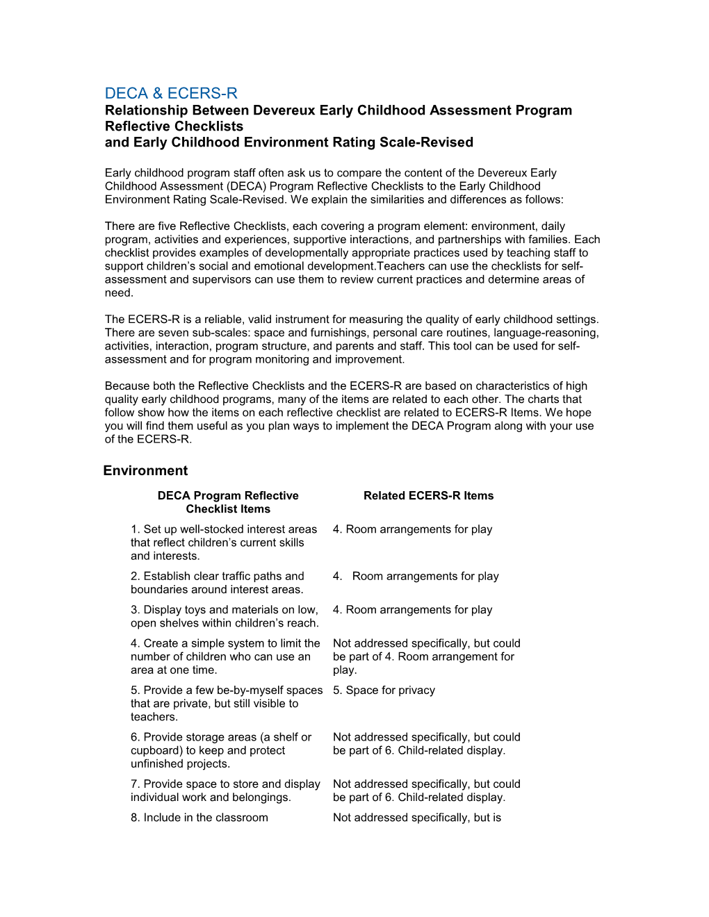 Relationship Between Devereux Early Childhood Assessment Program Reflective Checklists