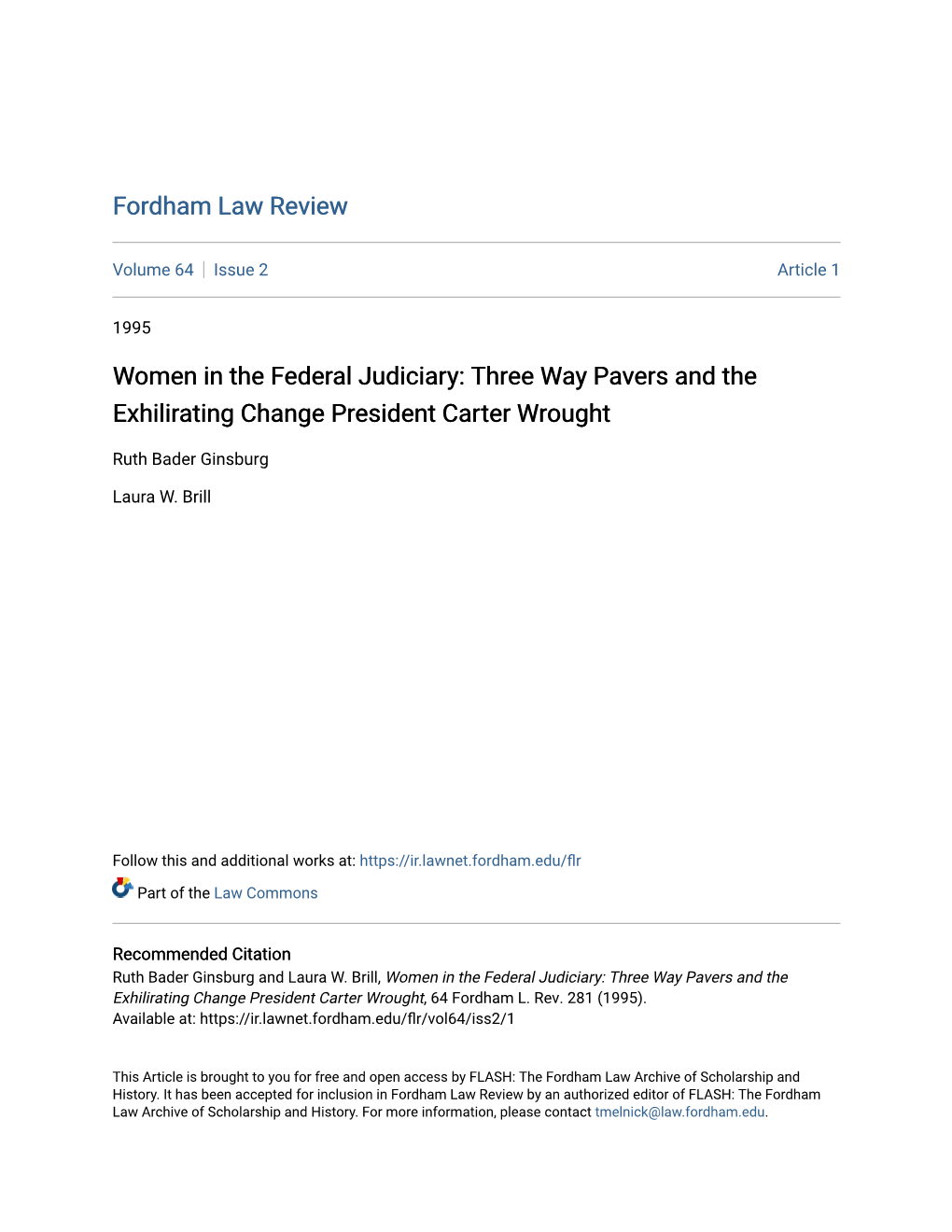 Women in the Federal Judiciary: Three Way Pavers and the Exhilirating Change President Carter Wrought