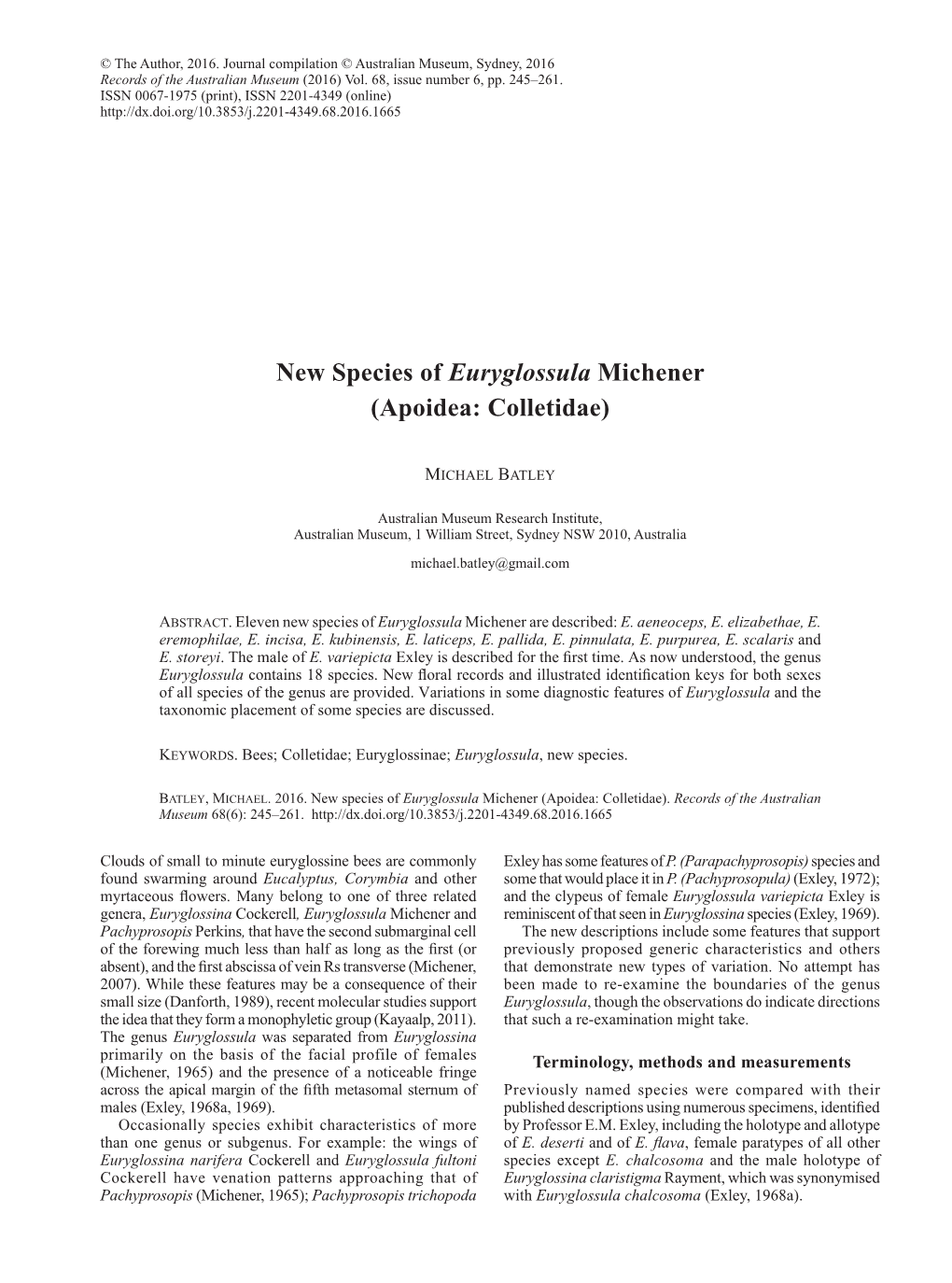New Species of Euryglossula Michener (Apoidea: Colletidae)
