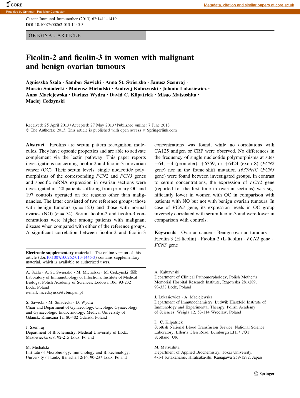 Ficolin-2 and Ficolin-3 in Women with Malignant and Benign Ovarian