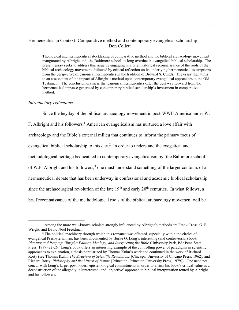 Hermeneutics in Context: Comparative Method and Contemporary Evangelical Scholarship Don Collett