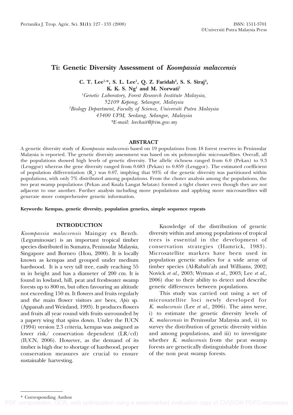 Genetic Diversity Assessment of Koompassia Malaccensis