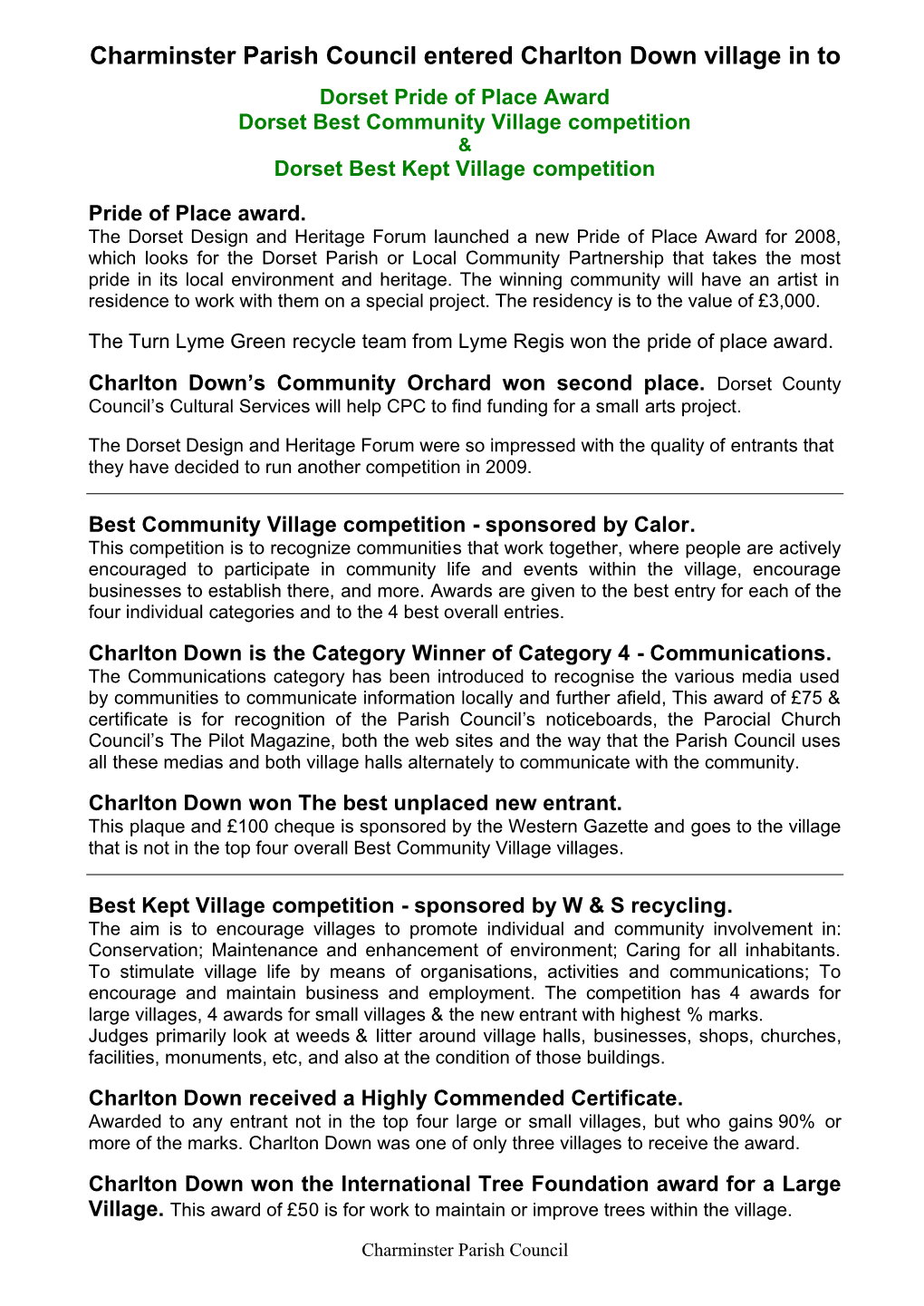 Charminster Parish Council Entered Charlton Down Village in To