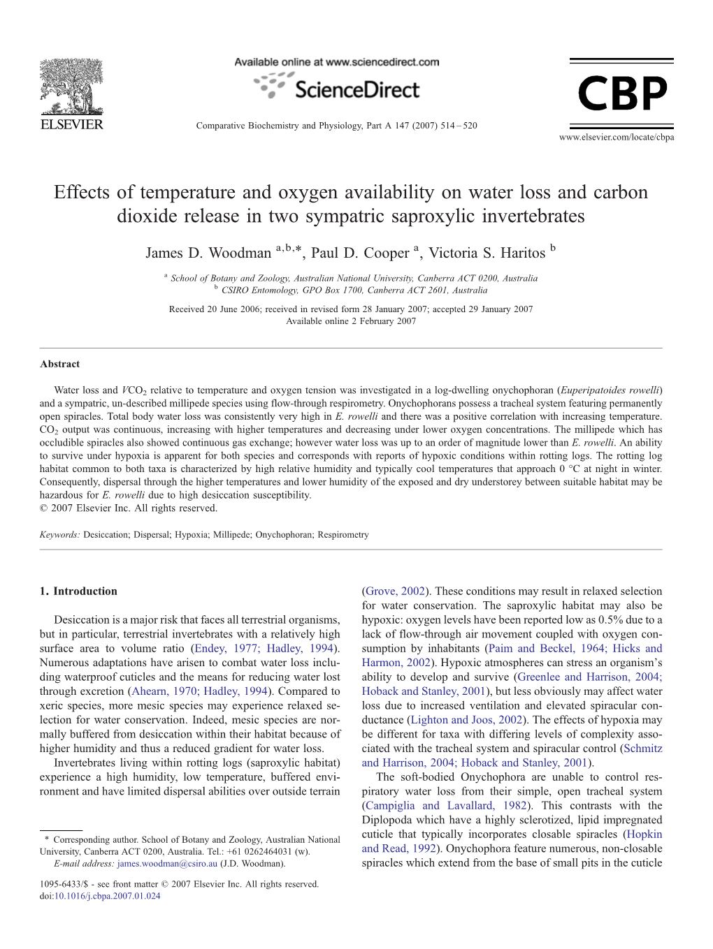 Effects of Temperature and Oxygen Availability on Water Loss and Carbon Dioxide Release in Two Sympatric Saproxylic Invertebrates ⁎ James D