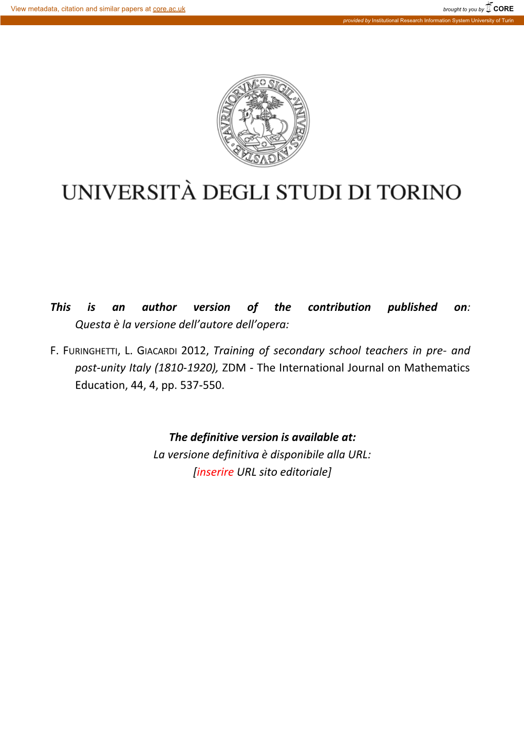 This Is an Author Version of the Contribution Published On: Questa È La Versione Dell’Autore Dell’Opera