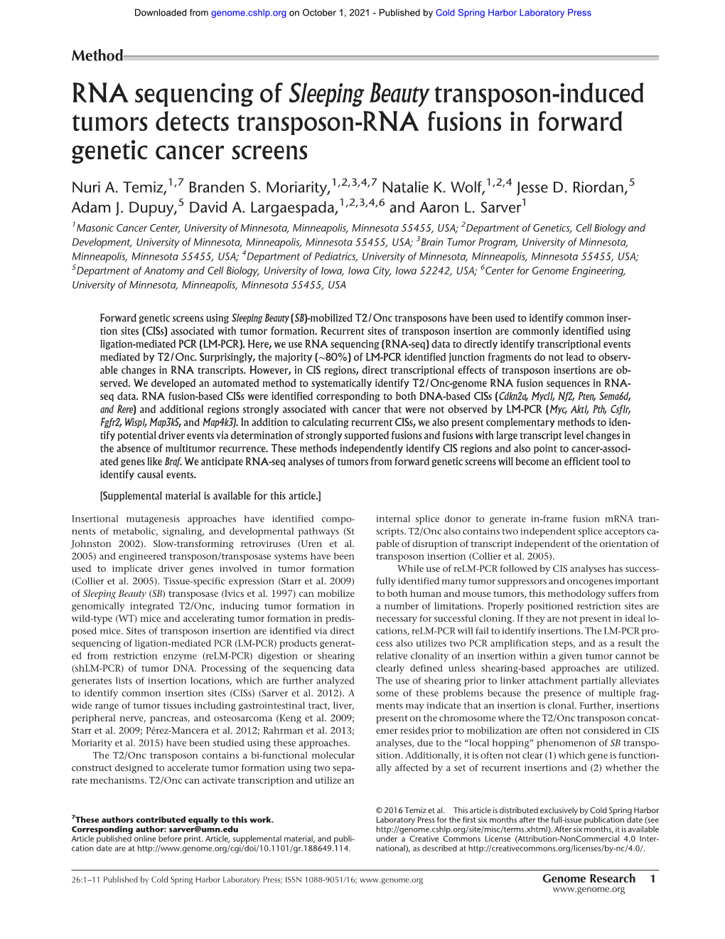 RNA Sequencing of Sleeping Beauty Transposon-Induced Tumors Detects Transposon-RNA Fusions in Forward Genetic Cancer Screens