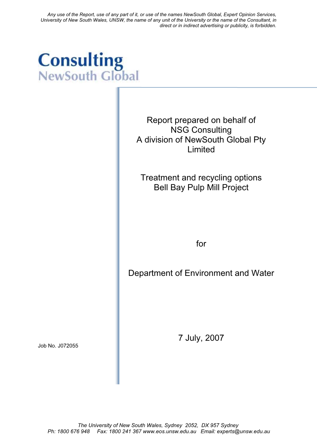 Teatment and Recycling Options Bell Bay Pulp Mill Project