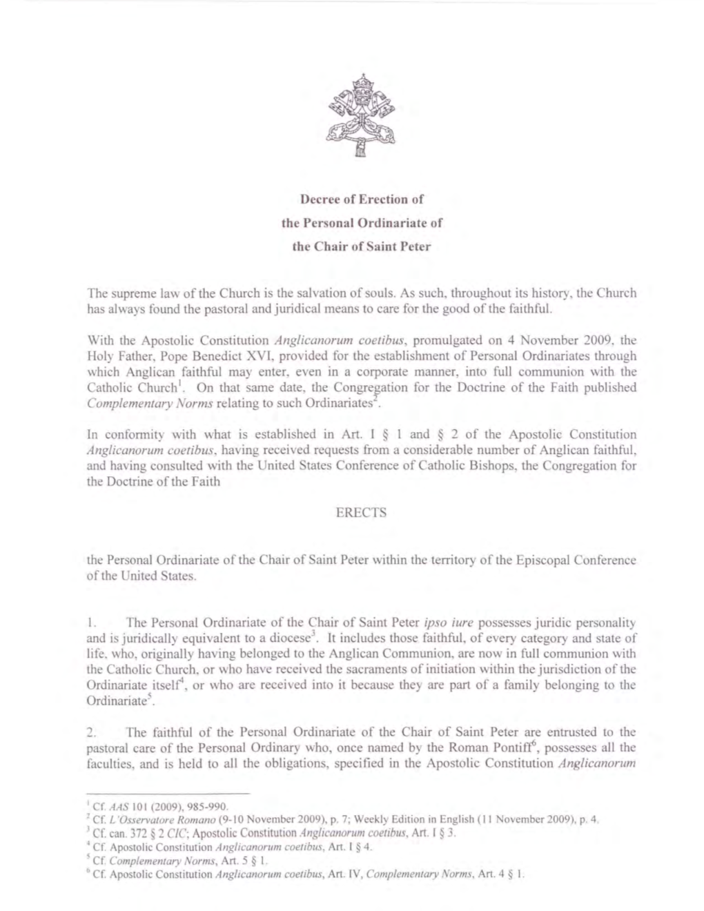 Decree of Erection of the Personal Ordinariate of the Chair of Saint Peter