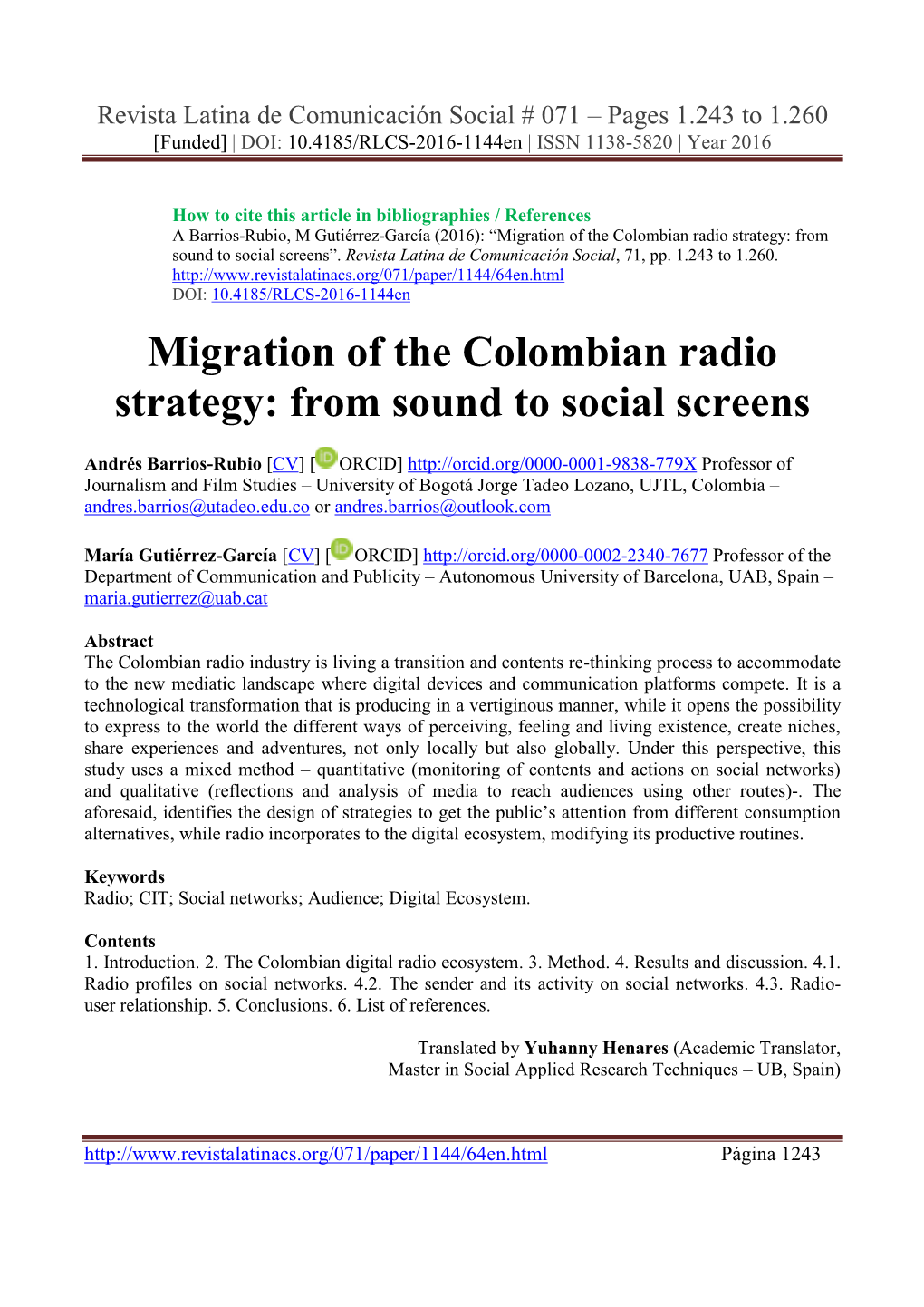 Migration of the Colombian Radio Strategy: from Sound to Social Screens‖