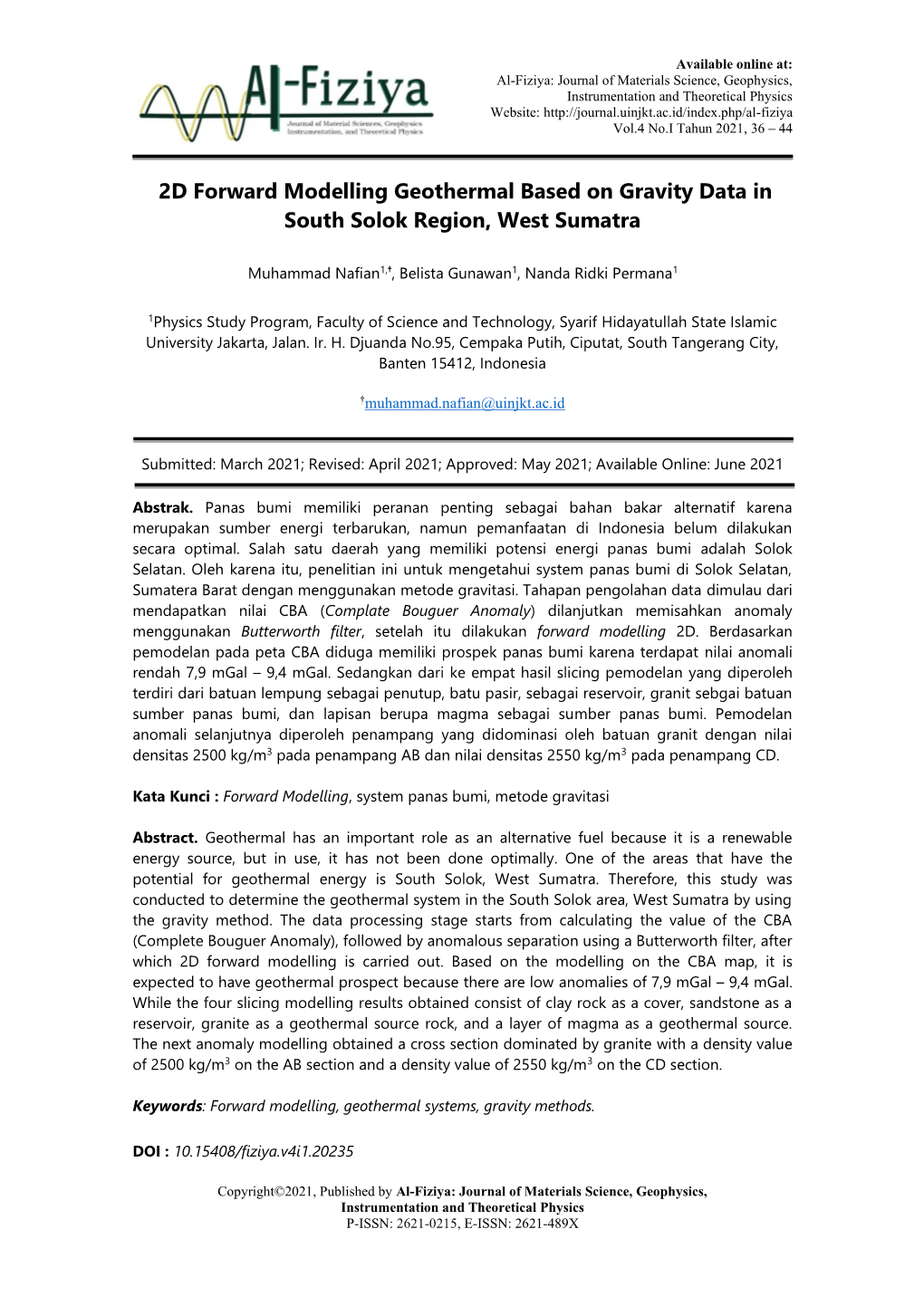 2D Forward Modelling Geothermal Based on Gravity Data in South Solok Region, West Sumatra