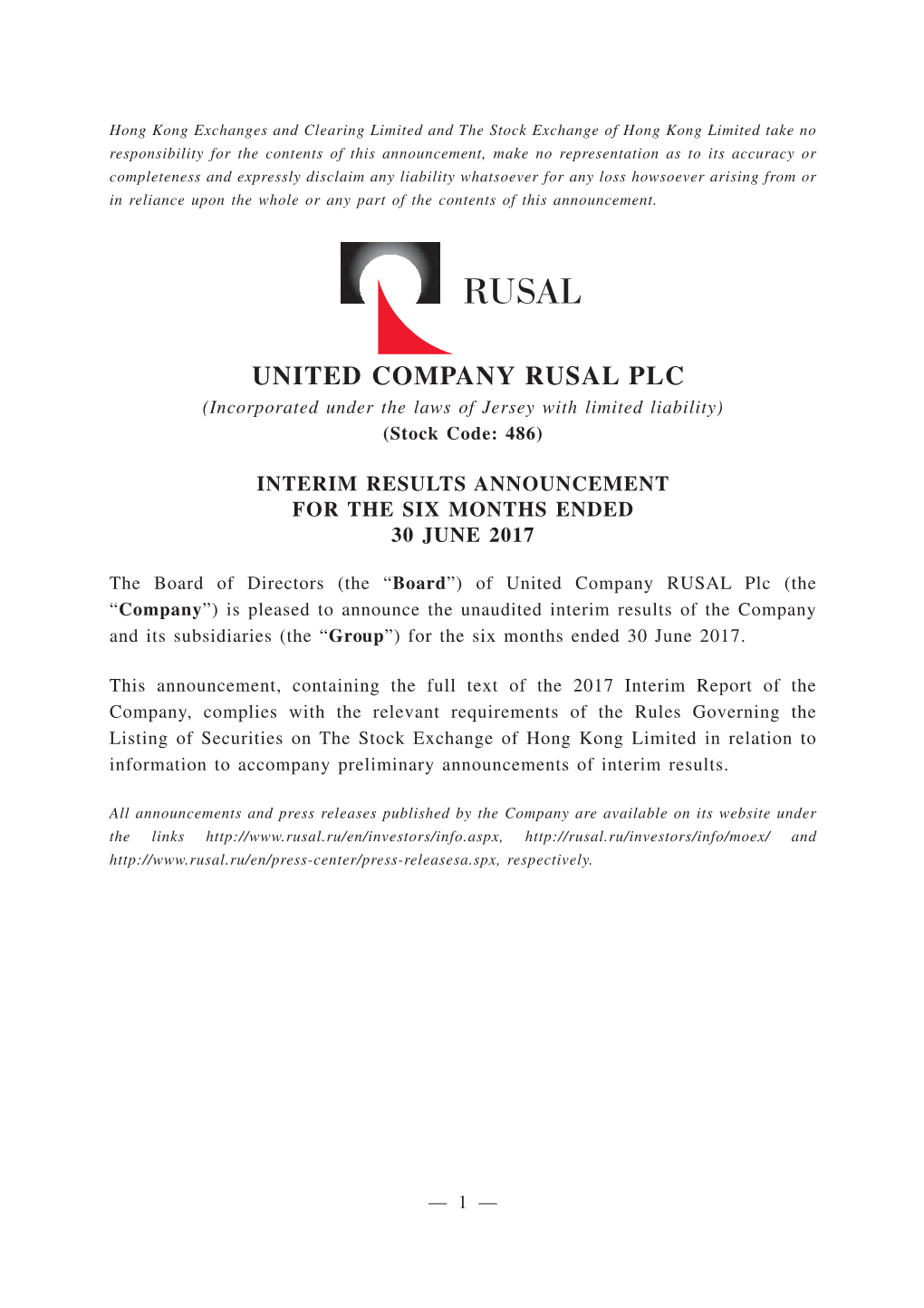 UNITED COMPANY RUSAL PLC (Incorporated Under the Laws of Jersey with Limited Liability) (Stock Code: 486)