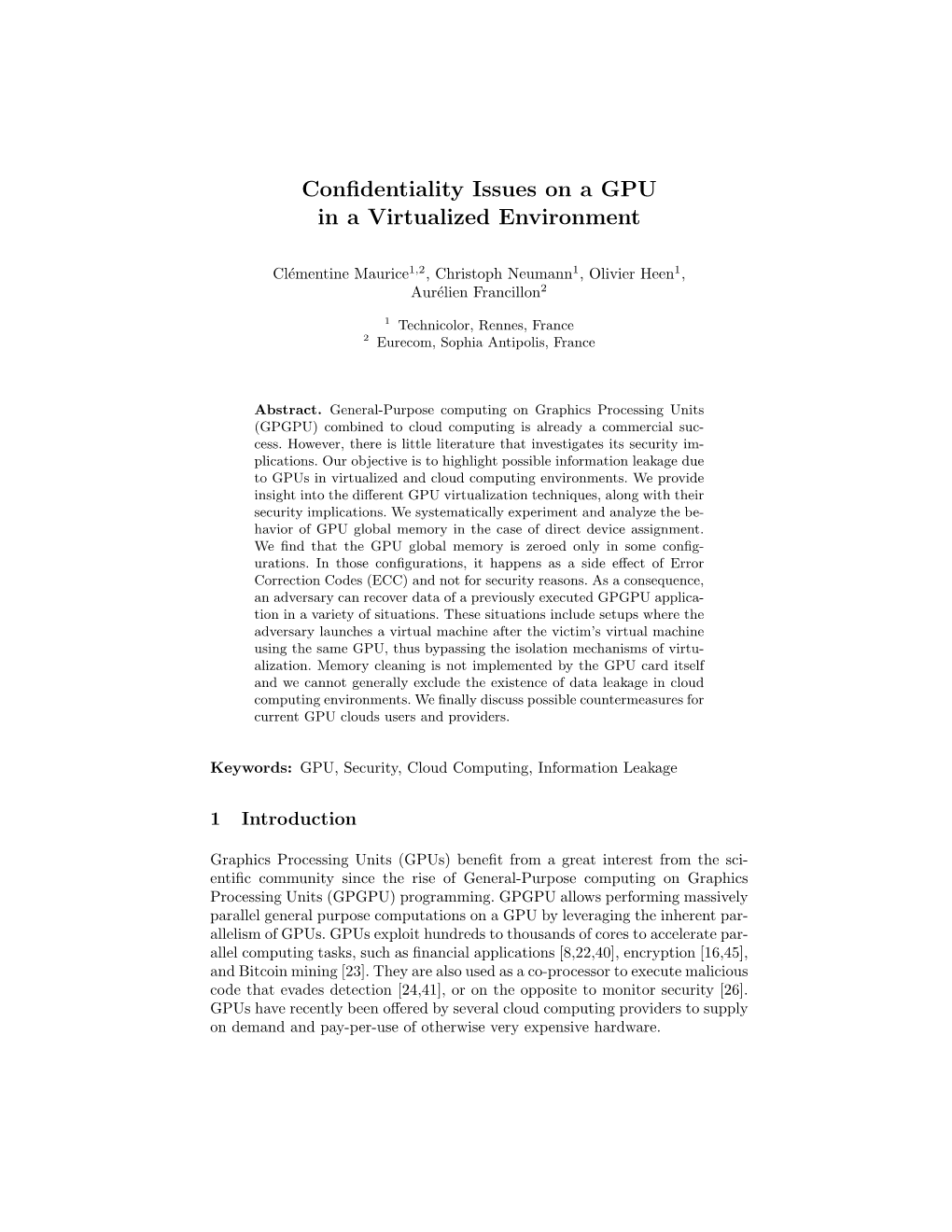 Confidentiality Issues on a GPU in a Virtualized Environment