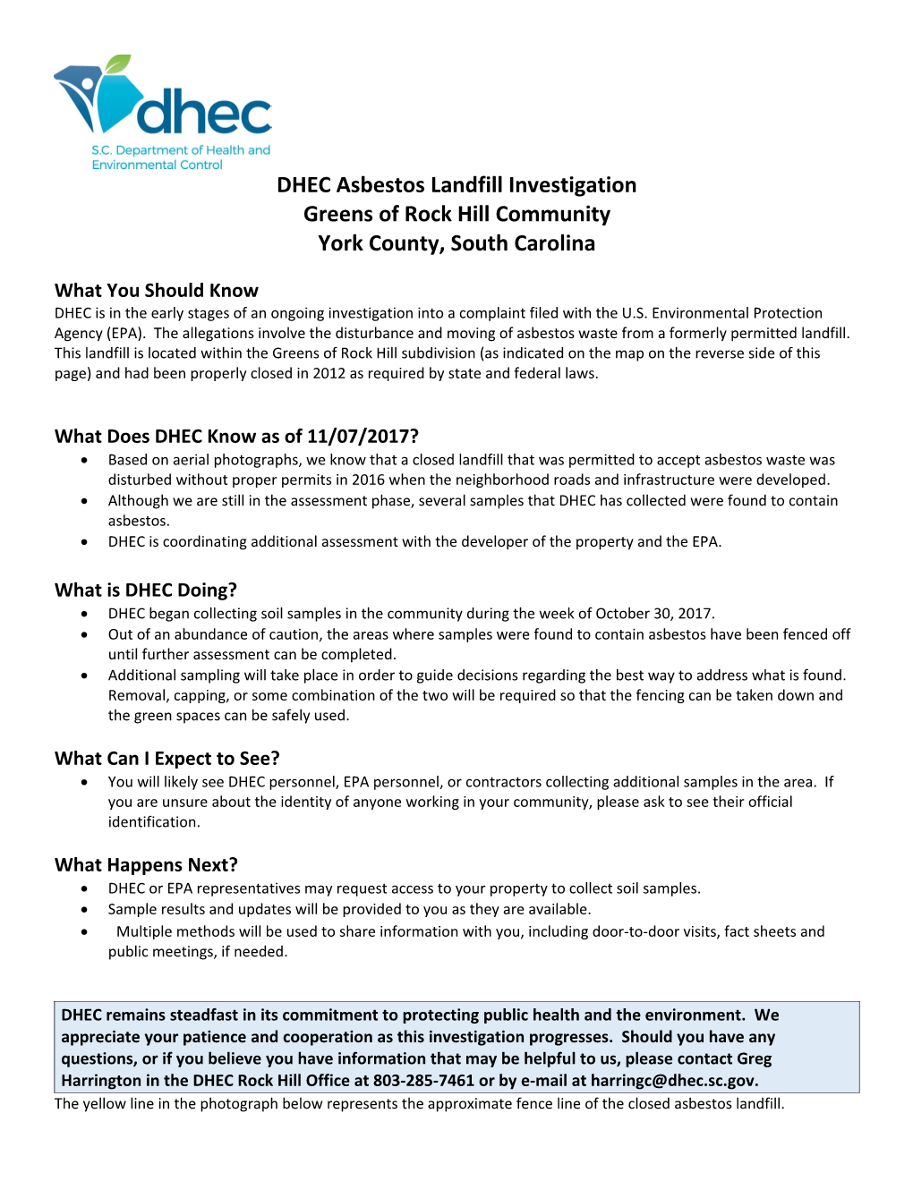 DHEC Asbestos Landfill Investigation