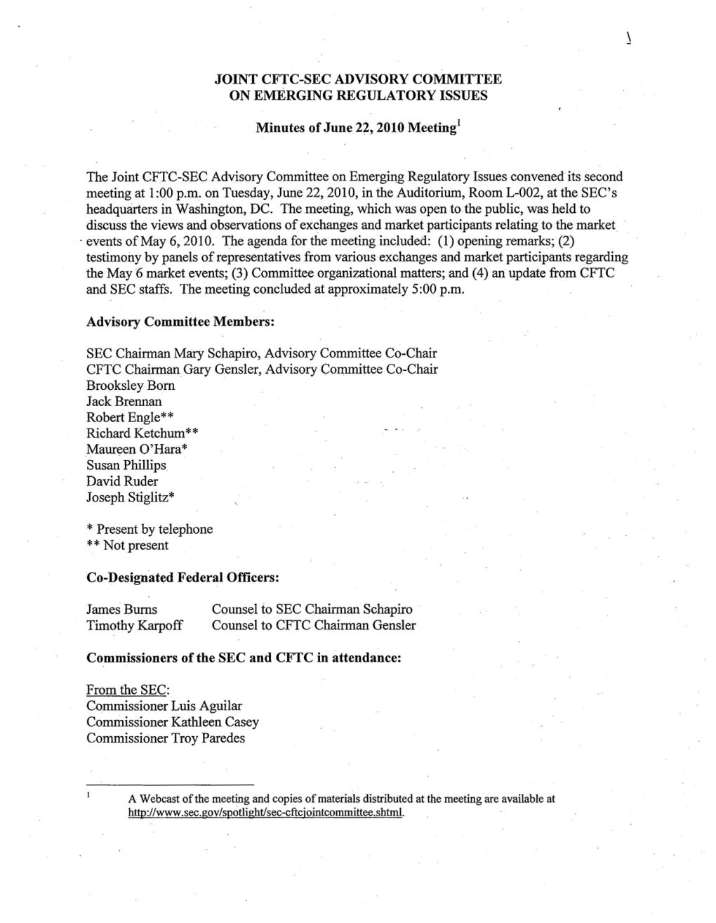 Minutes of June 22, 2010 Meeting of the Joint CFTC-SEC Advisory Committee on Emerging Regulatory Issues