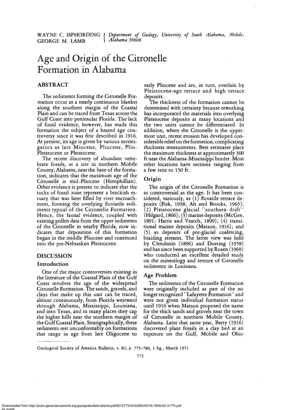 Age and Origin of the Citronelle Formation in Alabama