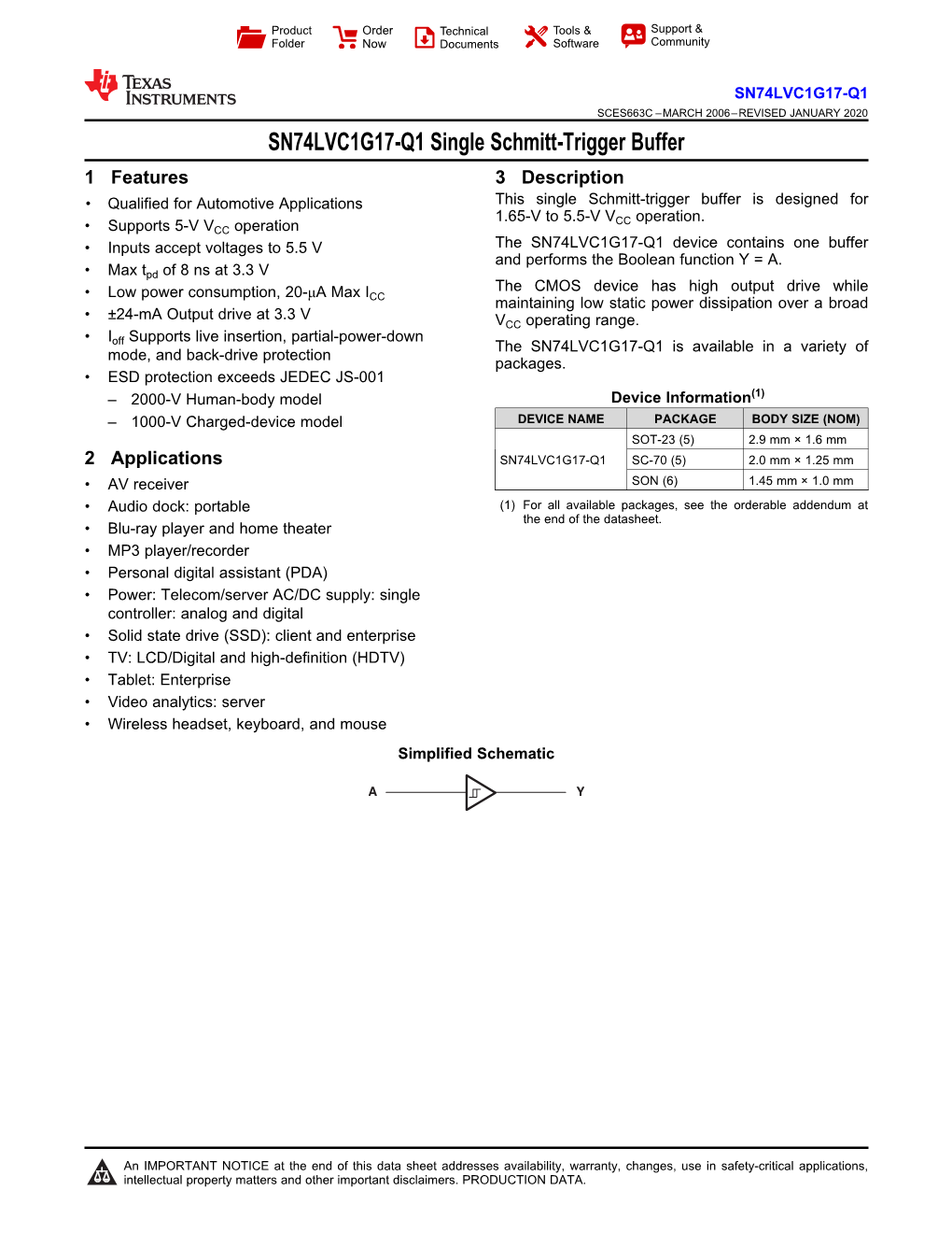 SN74LVC1G17-Q1 Single Schmitt-Trigger Buffer Datasheet