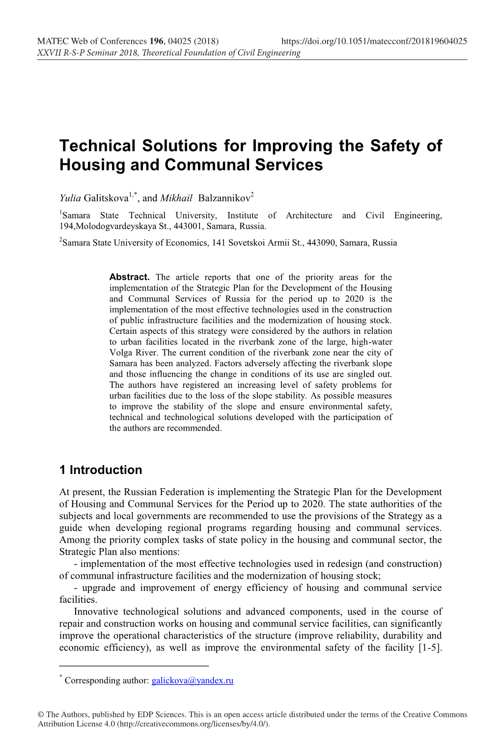 Technical Solutions for Improving the Safety of Housing and Communal Services