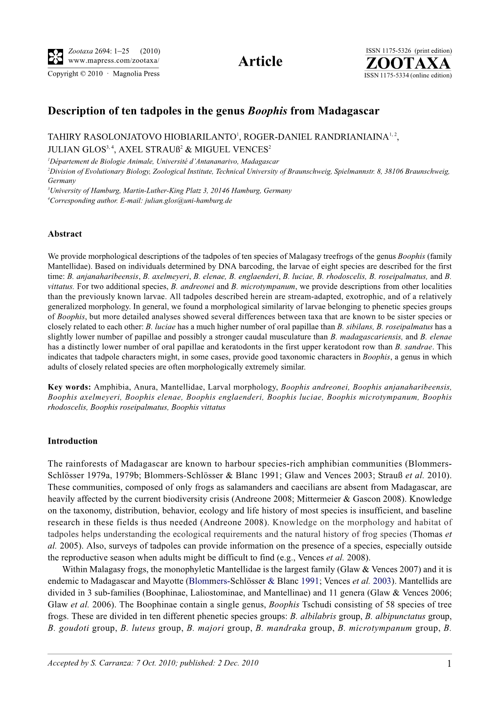 Description of Ten Tadpoles in the Genus Boophis from Madagascar