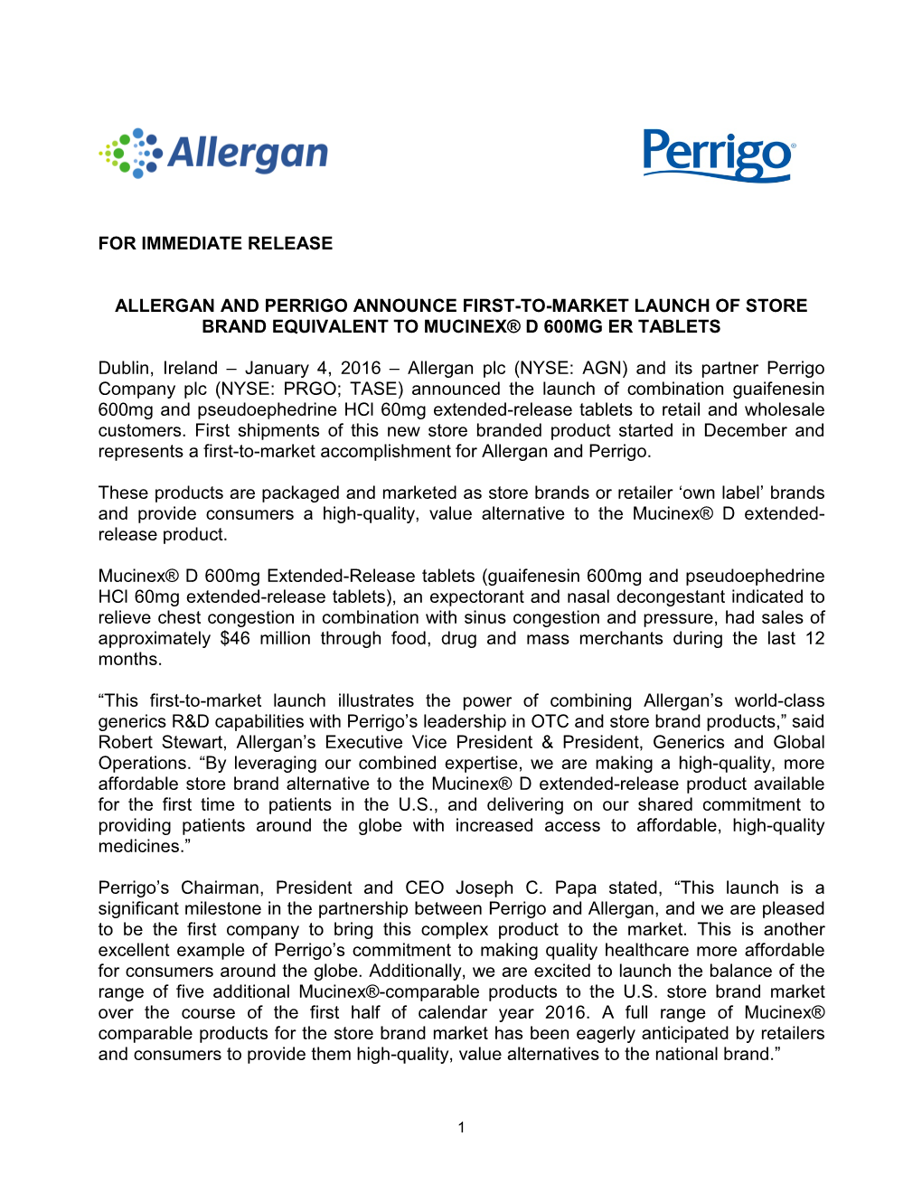 For Immediate Release Allergan and Perrigo