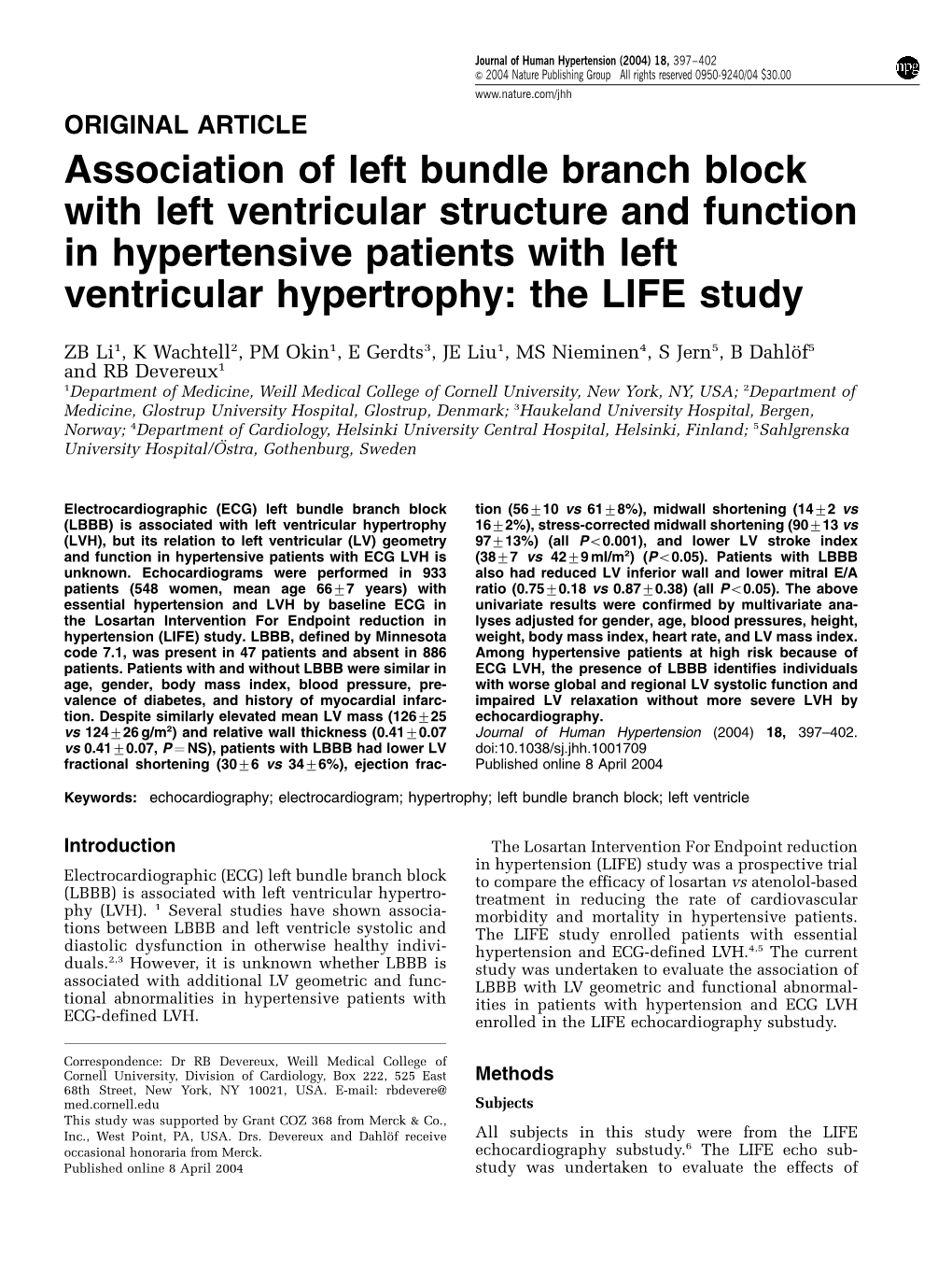 Association of Left Bundle Branch Block with Left Ventricular Structure and Function in Hypertensive Patients with Left Ventricular Hypertrophy: the LIFE Study