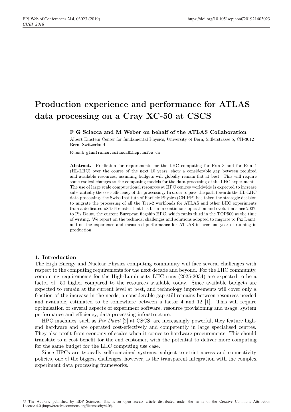 Production Experience and Performance for ATLAS Data Processing on a Cray XC-50 at CSCS