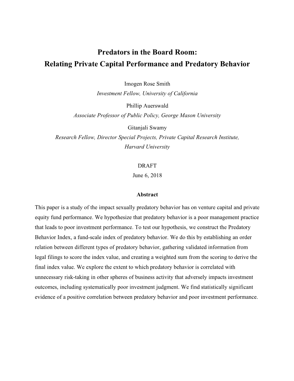 Predators in the Board Room: Relating Private Capital Performance and Predatory Behavior