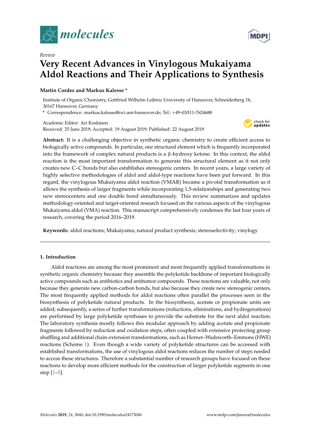 Very Recent Advances in Vinylogous Mukaiyama Aldol Reactions and Their Applications to Synthesis