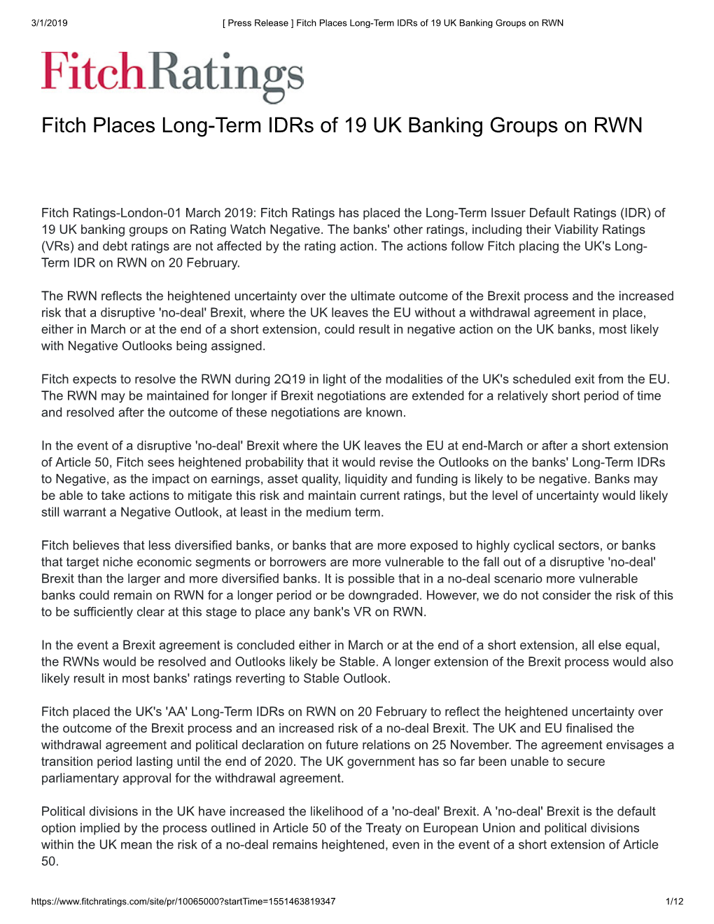 Fitch Places Long-Term Idrs of 19 UK Banking Groups on RWN