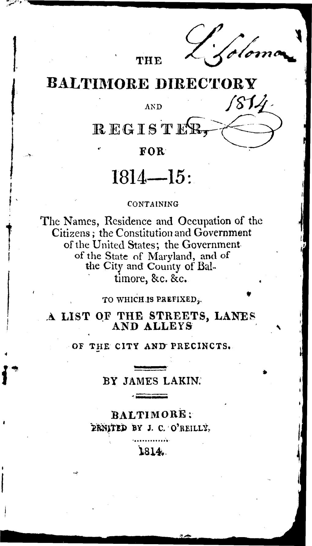 Baltimore City Directory, 1814-1815