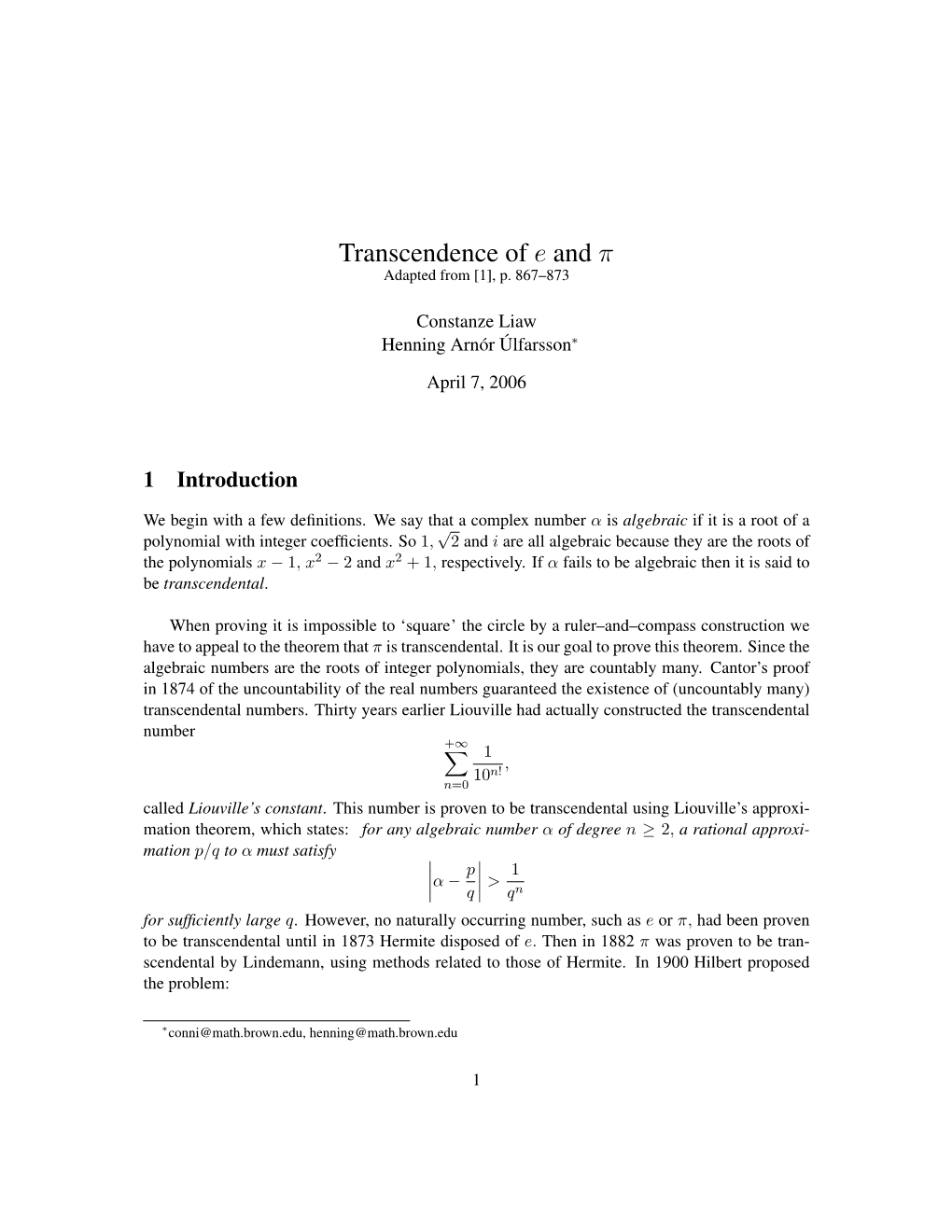 Transcendence of E and Π Adapted from [1], P