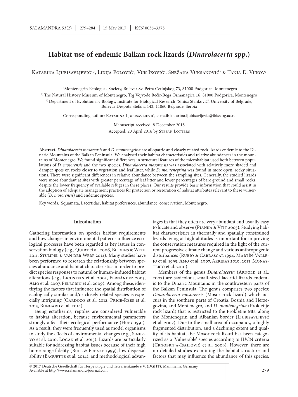 Habitat Use of Endemic Balkan Rock Lizards (Dinarolacerta Spp.)