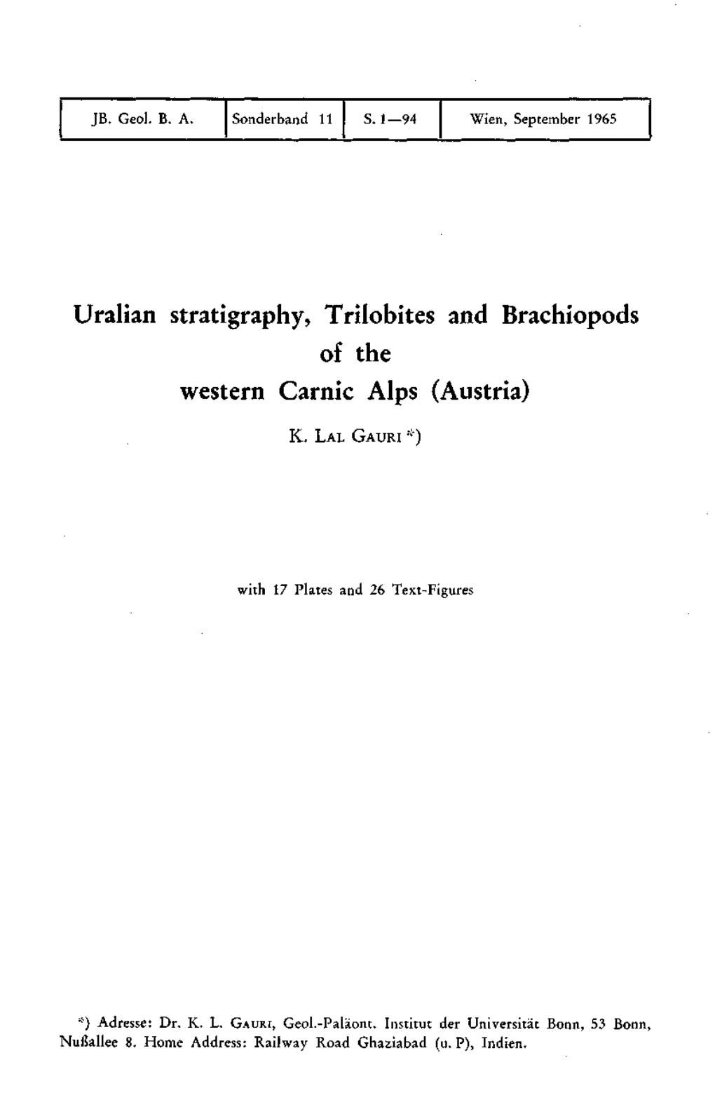 Uralian Stratigraphy, Trilobites and Brachiopods of the Western Carnic Alps (Austria)