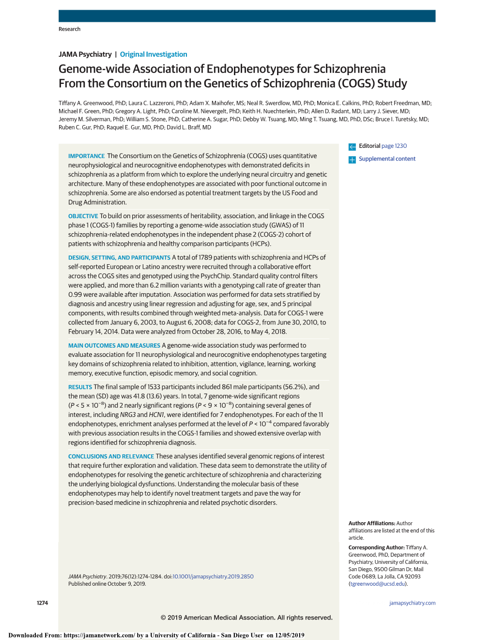 Genome-Wide Association of Endophenotypes for Schizophrenia from the Consortium on the Genetics of Schizophrenia (COGS) Study