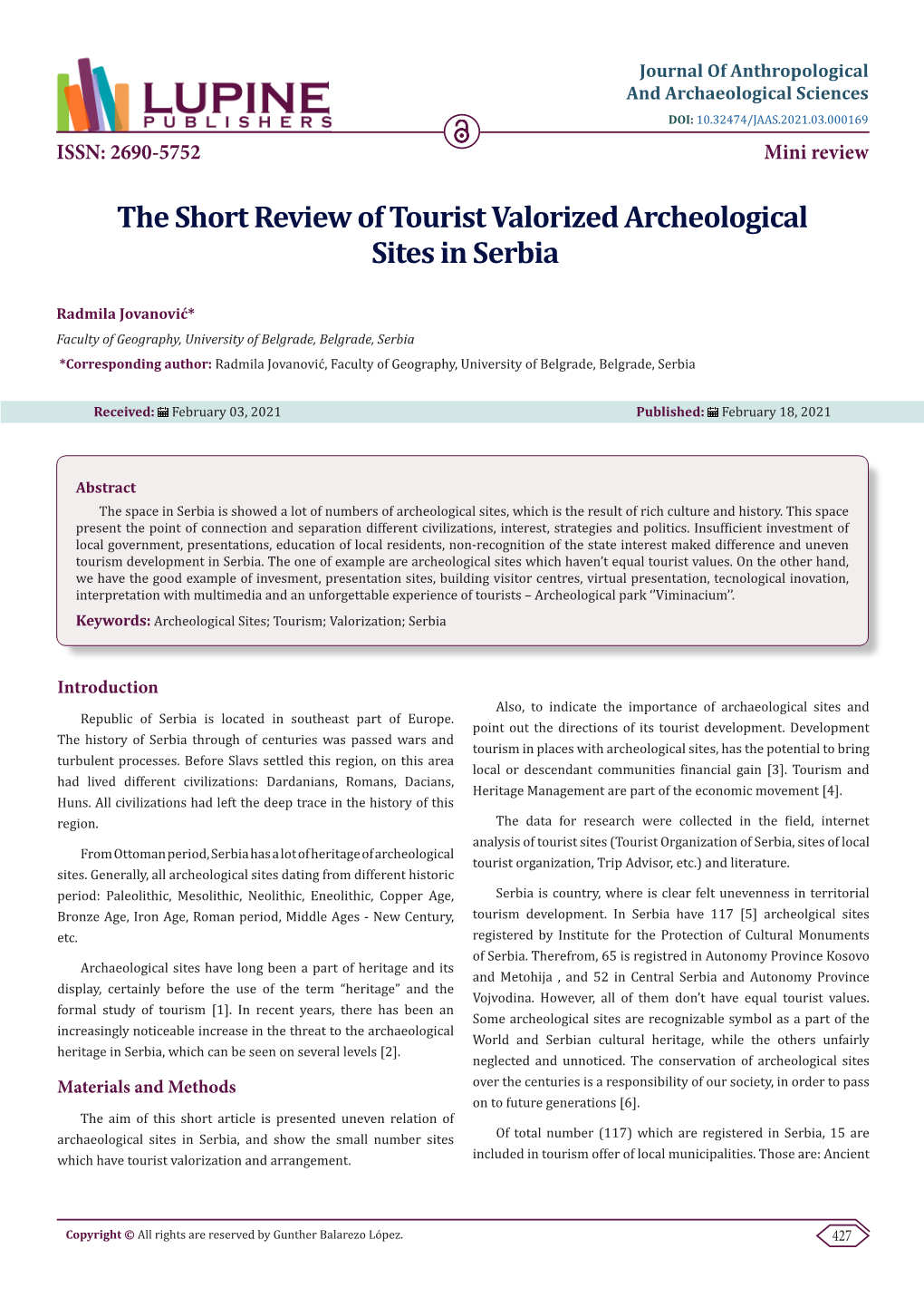 The Short Review of Tourist Valorized Archeological Sites in Serbia