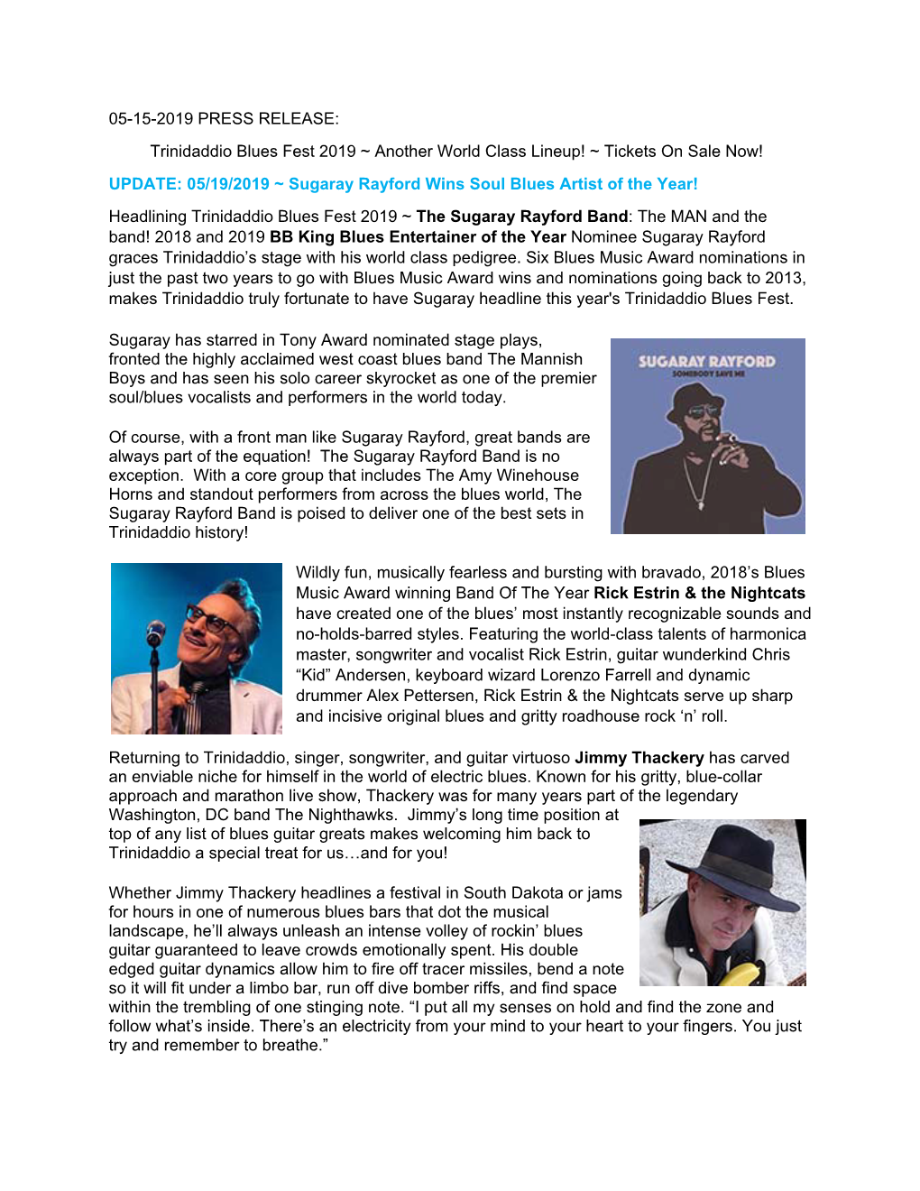 05-15-2019 PRESS RELEASE: Trinidaddio Blues Fest 2019