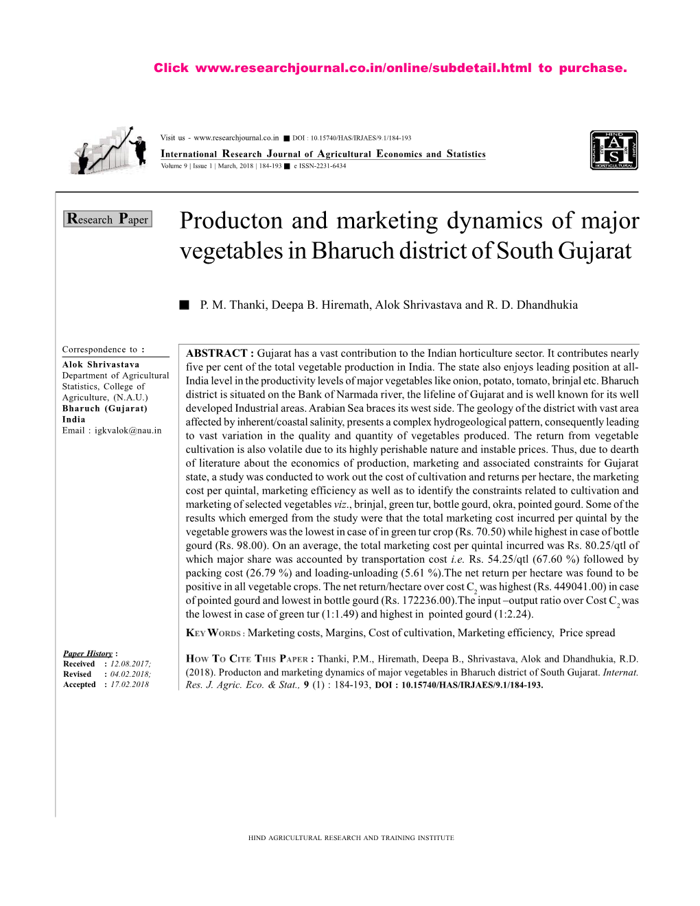 Producton and Marketing Dynamics of Major Vegetables in Bharuch District of South Gujarat