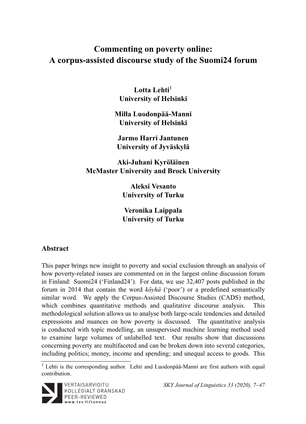 Commenting on Poverty Online: a Corpus-Assisted Discourse Study of the Suomi24 Forum