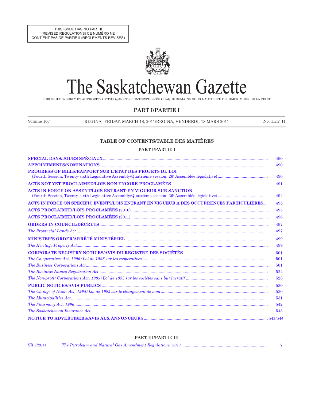 THE SASKATCHEWAN GAZETTE, March 18, 2011