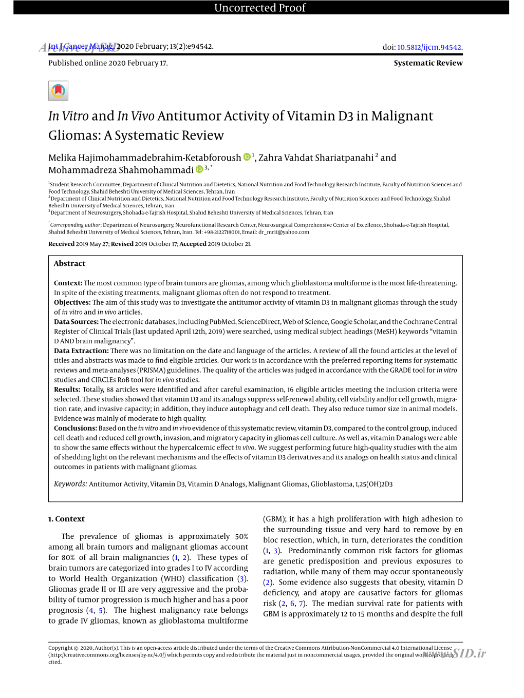 In Vitro and in Vivo Antitumor Activity of Vitamin D3 in Malignant Gliomas: a Systematic Review