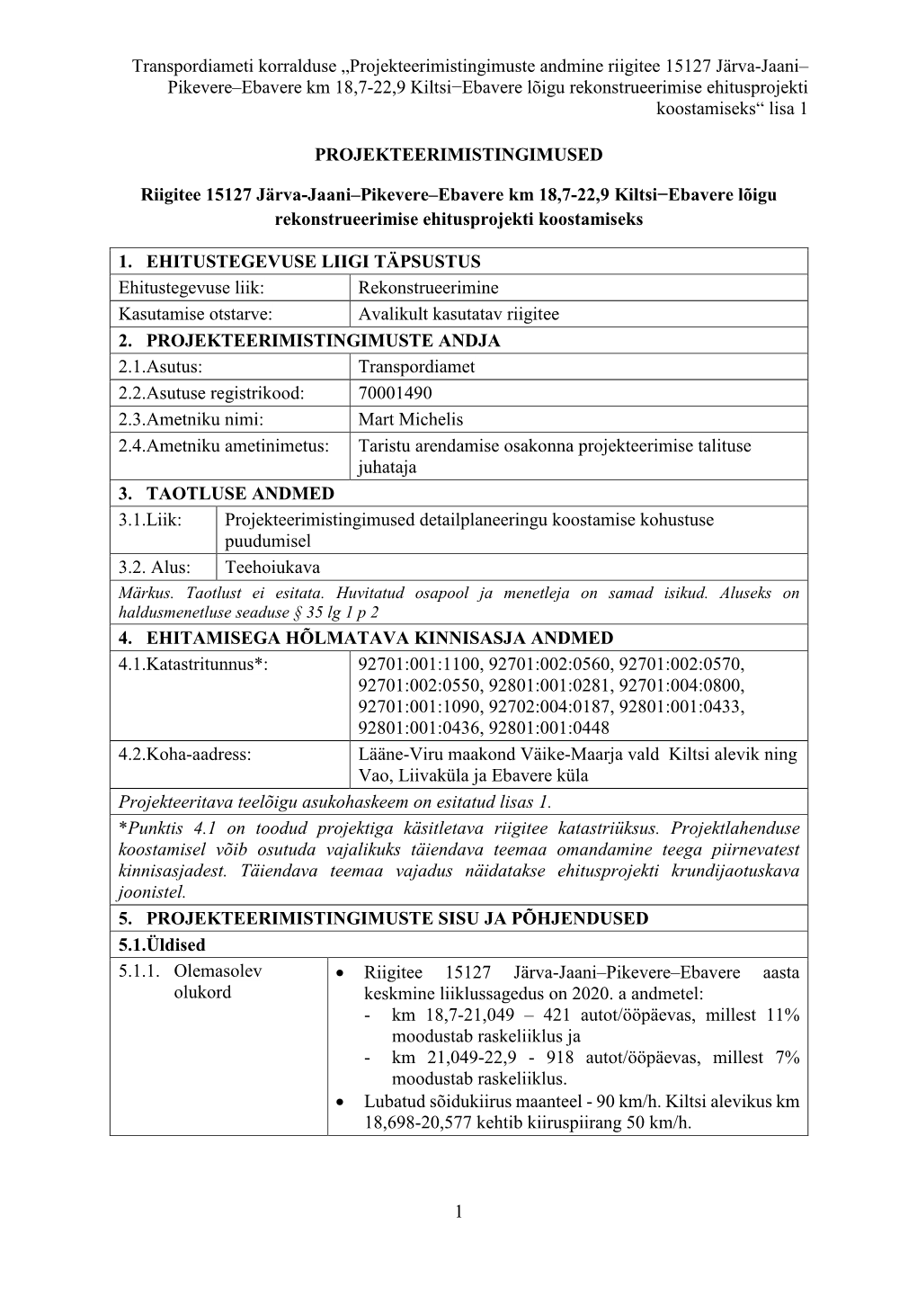 Transpordiameti Korralduse „Projekteerimistingimuste Andmine